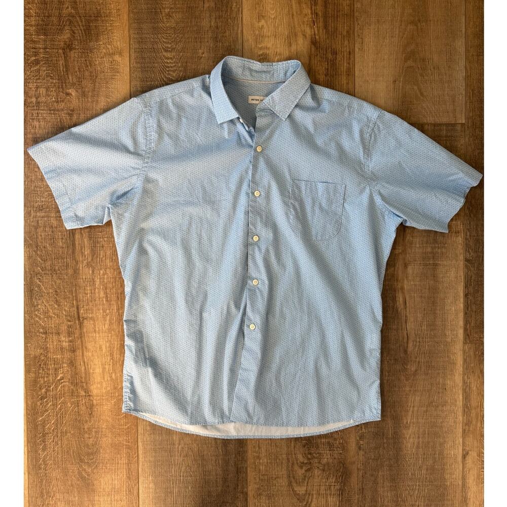 Peter Millar Button Up‎ Short Sleeve Shirt Size Large Blue Pattern 95% Cotton